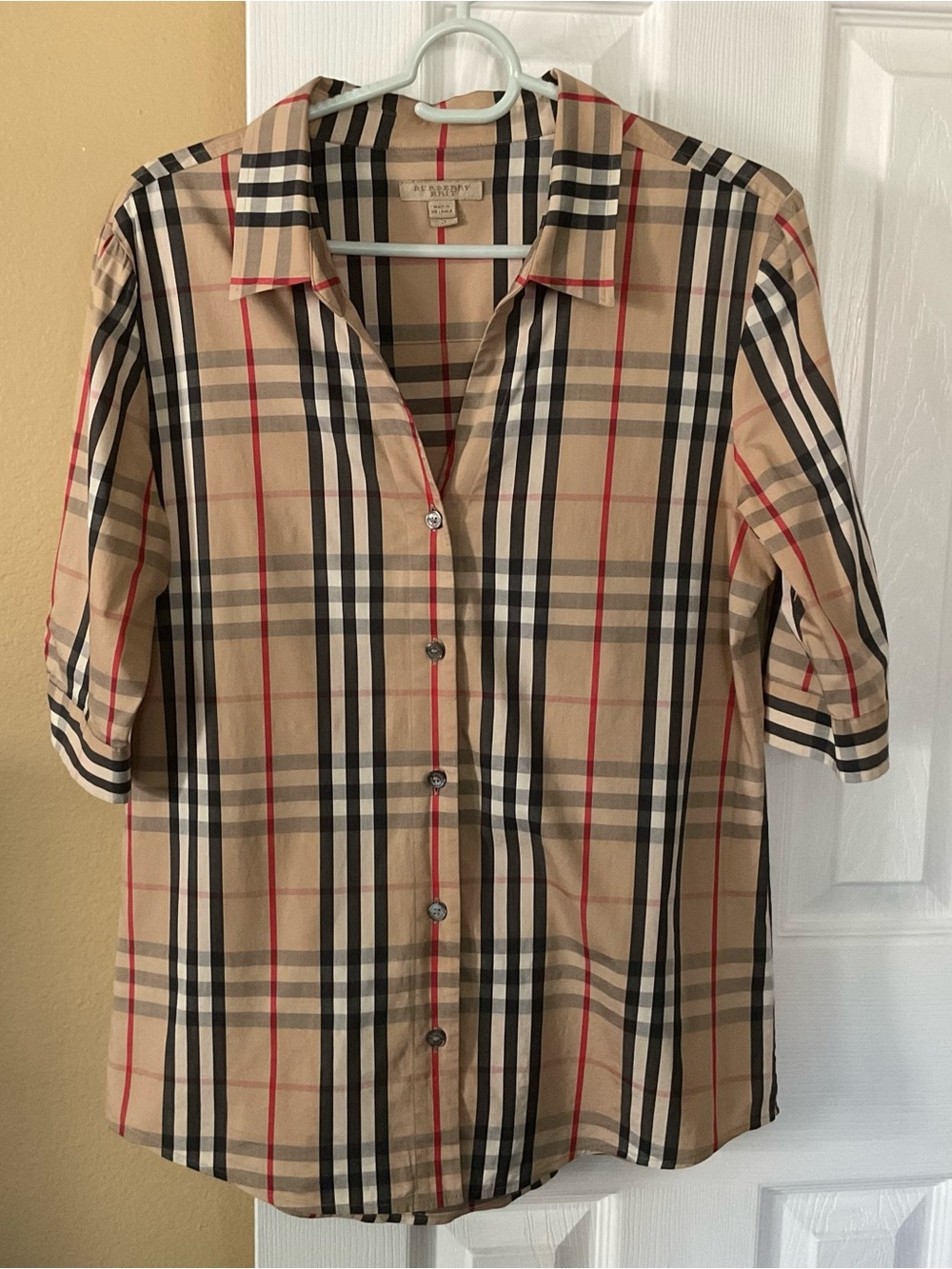 BURBERRY BRIT Women's Beige Nova Check Button Down Shirt 3/4 Sleeves Size S